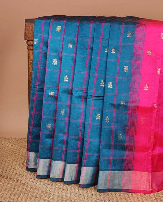 Blue checked kuppadam silk saree with buttas, plain border & contrast pallu of stripes