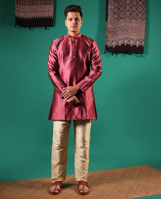 Cooper color unique patterns embossed with glitter dotted full-sleeved men's kurta