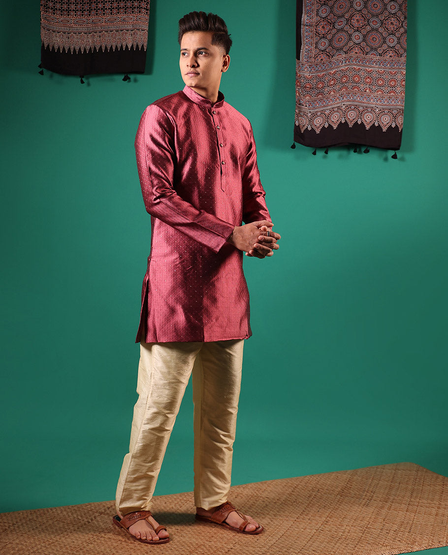Cooper color unique patterns embossed with glitter dotted full-sleeved men's kurta