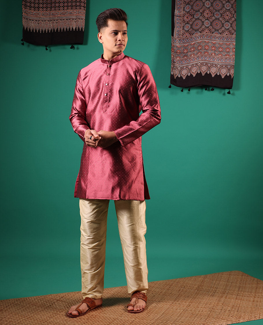 Cooper color unique patterns embossed with glitter dotted full-sleeved men's kurta