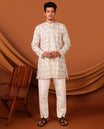 Off-white Leaf Vine Printed Full-Sleeves Men's Kurta