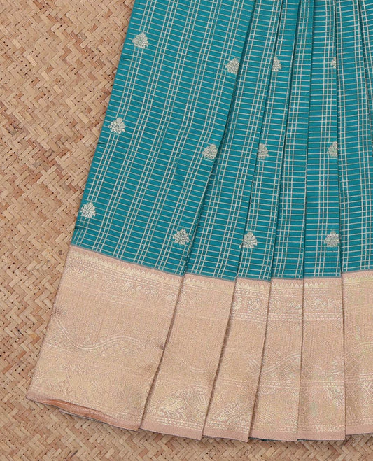 Green Litchi Saree, Crafted with Zari Buttas and Checks, a Contrast Traditional Zari Border, a Grand Pallu, and a Contrast Blouse