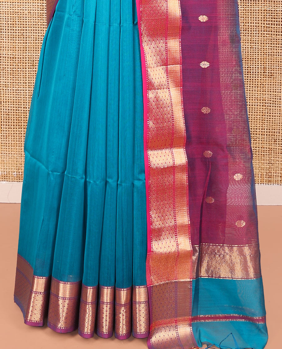 Blue Maheshwari Cotton Saree, Dazzled with Flower Buttas All Over Its Body, Complemented by a Contrast Zari Traditional Design Border, Pallu Steeped with Flower Buttas, and Paired with a Contrast Blouse