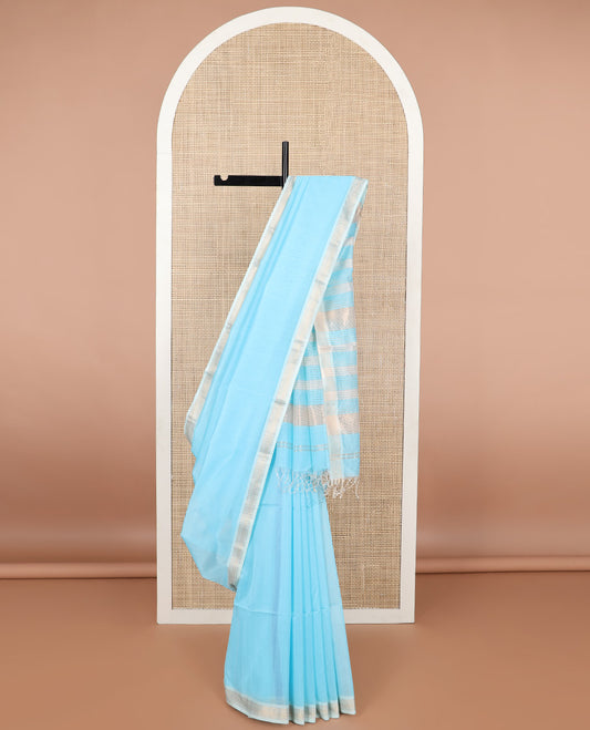 Light blue maheswari cotton saree with self zari design border & striped pallu