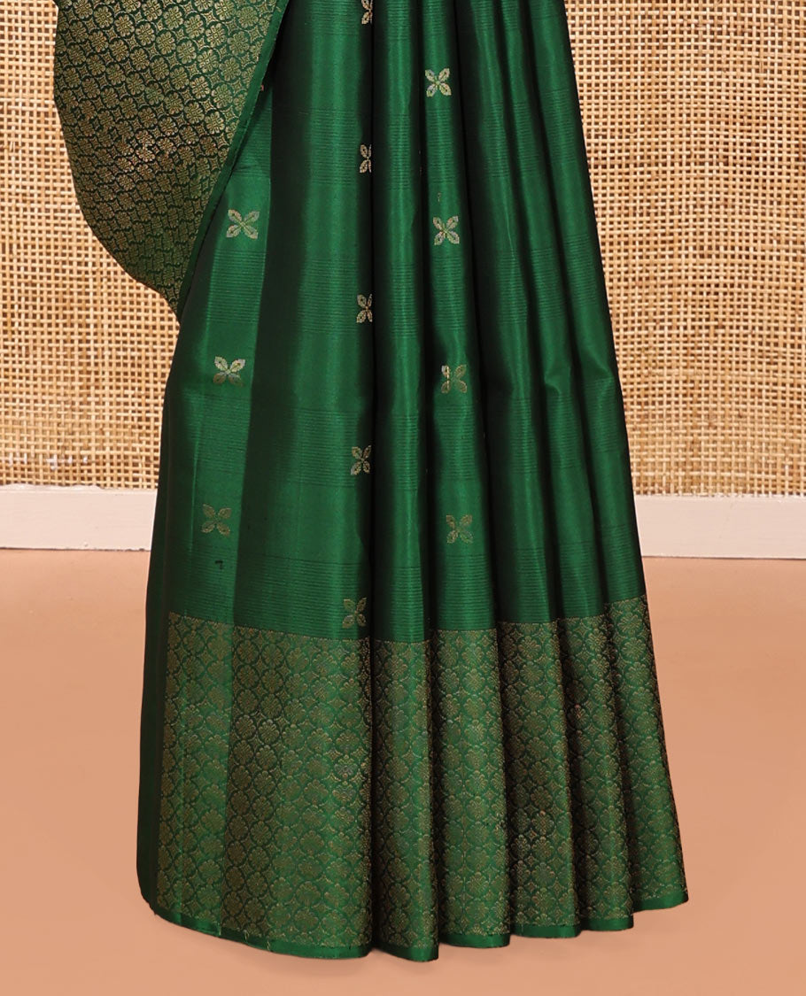 Green Mayuri Soft Silk Saree, Embellished with Zari Buttas All Over Its Body, Highlighted by Zari Border of Kamalam Designs, Pallu of Intricate Designs, and Paired with a Matching Blouse