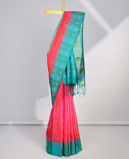Red floral buttas soft silk saree with contrast floral border & floral zari design pallu