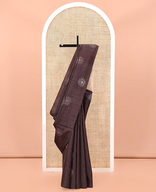 Borderless Brown Mayuri Soft Silk Saree, Steeped with Stripes, and Warli Motifs On Its Body, Complemented by Contrast Pallu of Geometric Patterns, and Paired with a Contrast Blouse