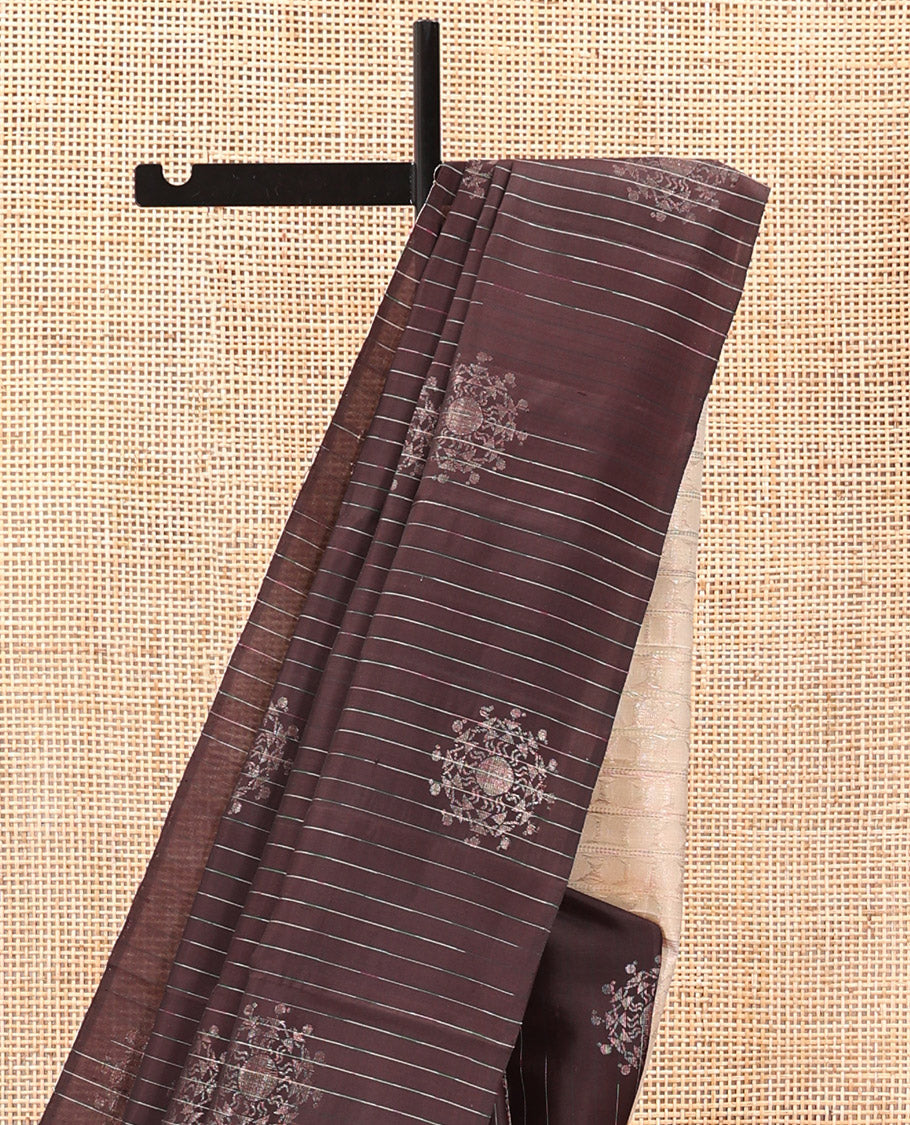 Borderless Brown Mayuri Soft Silk Saree, Steeped with Stripes, and Warli Motifs On Its Body, Complemented by Contrast Pallu of Geometric Patterns, and Paired with a Contrast Blouse