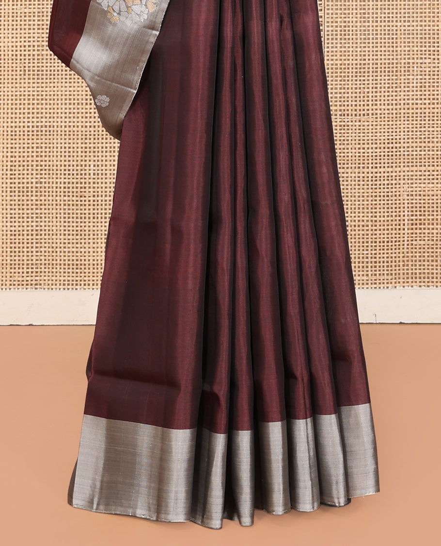 Brown Mayuri Lite Silk Mix Saree, Woven with Zari Buttas, Complemented by a Contrast Border of Floral Buttas, a Grand Pallu, and a Contrast Blouse