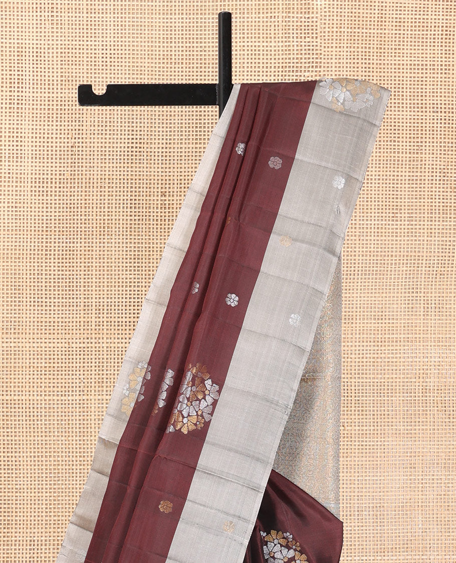 Brown Mayuri Lite Silk Mix Saree, Woven with Zari Buttas, Complemented by a Contrast Border of Floral Buttas, a Grand Pallu, and a Contrast Blouse