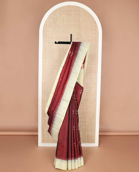 Maroon floral design mayuri soft silk saree with contrast border & geometric design pallu