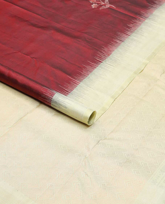 Maroon floral design mayuri soft silk saree with contrast border & geometric design pallu
