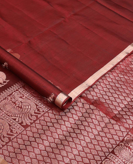 Maroon mayil motifs zari woven soft silk saree, zari piping border, and ogee patterned pallu