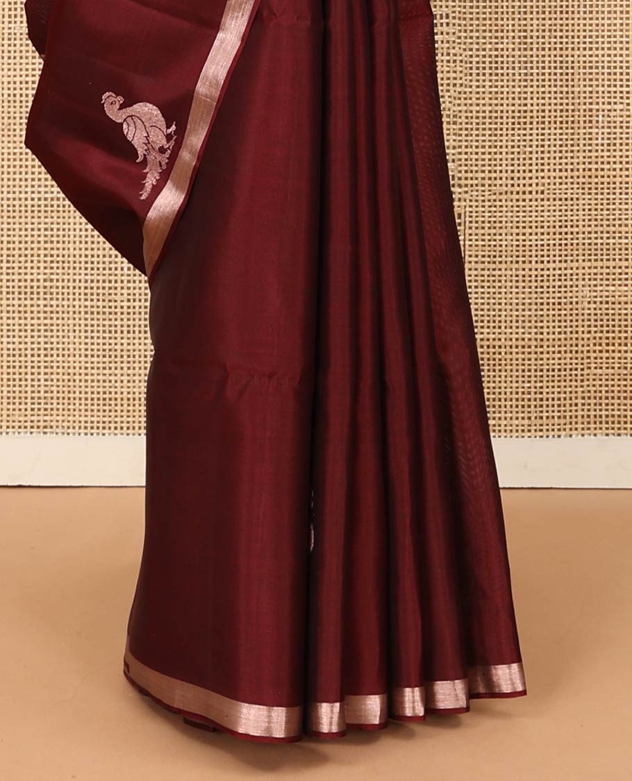 Maroon mayil motifs zari woven soft silk saree, zari piping border, and ogee patterned pallu