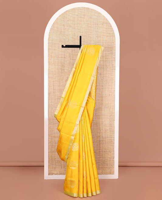 Yellow Mayuri Soft Silk Saree, Bedecked with Stripes and Buttas on Its Body, Subtle Zari Piping Border, Pallu Features Floral Jaal Designs, and Paired with a Matching Blouse