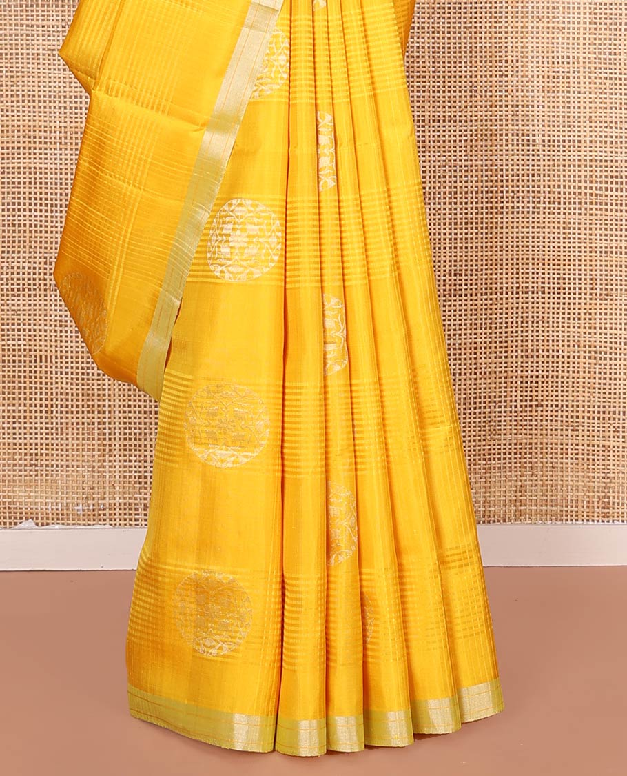Yellow Mayuri Soft Silk Saree, Bedecked with Stripes and Buttas on Its Body, Subtle Zari Piping Border, Pallu Features Floral Jaal Designs, and Paired with a Matching Blouse