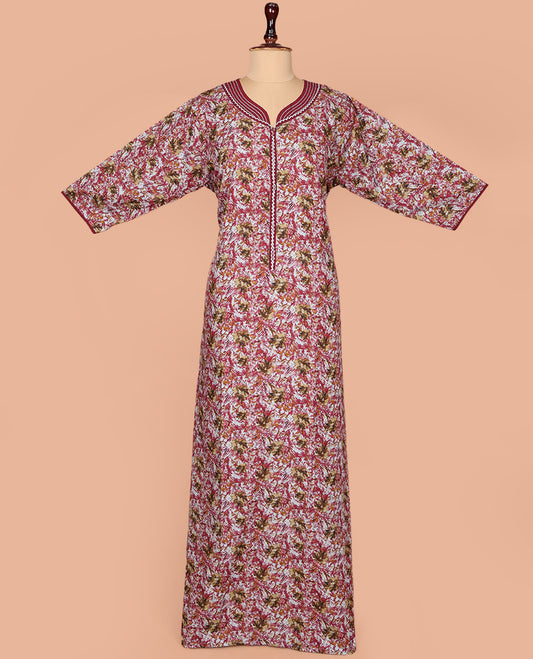 Wine Cotton Nighty Bedecked with Floral Print, Featuring Lace Work, Unique Front Neck, and 3/4th Sleeves