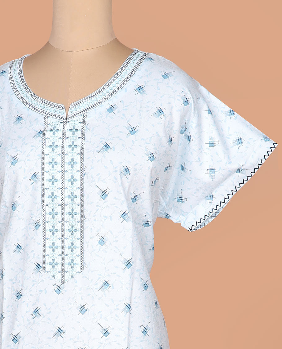 White vine and geometric printed with leaf neck embroidered, half-sleeve nighty