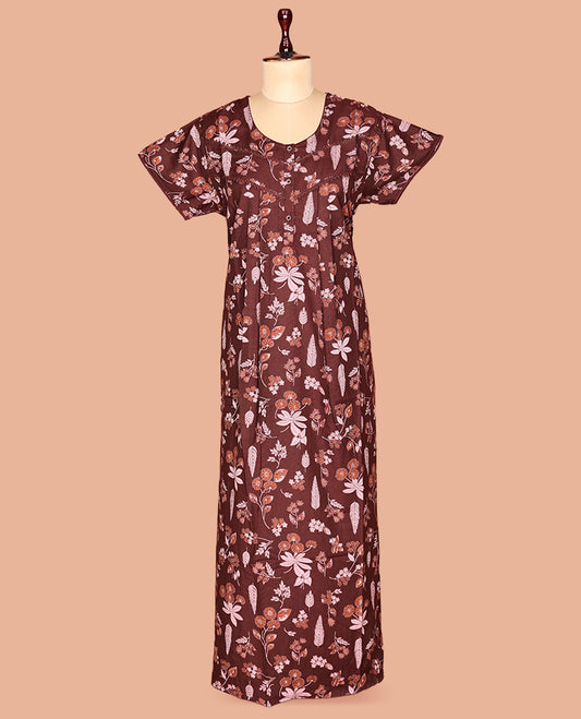 Brown Half Sleeve Cotton-Blended Nighty