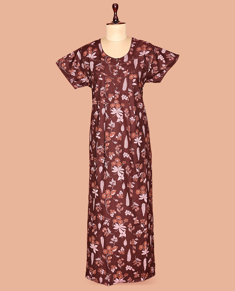 Brown Half Sleeve Cotton-Blended Nighty