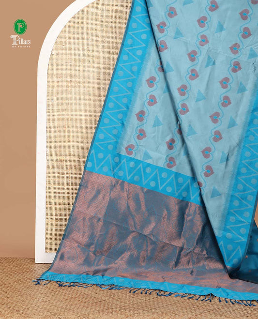 Blue unique motifs thread weave pochampally ikkat mulberry silk saree, contrast chevron & polka dot border and zari-rich intricate pallu