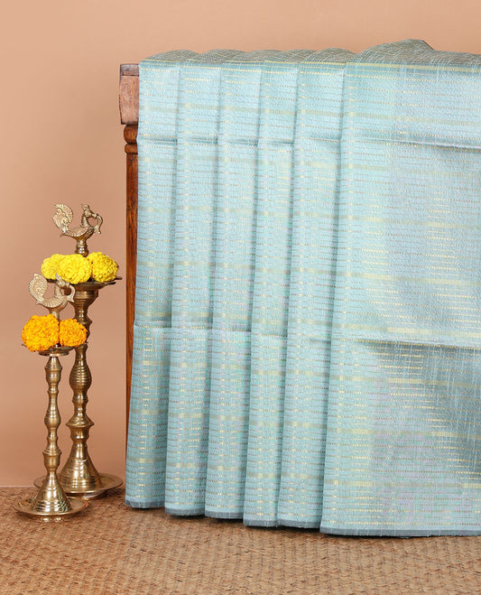 Borderless blue horizontal zari striped semi-raw silk saree, striped pallu & contrast navy blue plain blouse