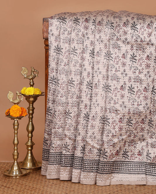 Tan warli-village theme printed litchi crushed saree, printed border, self-pallu & small butta printed blouse
