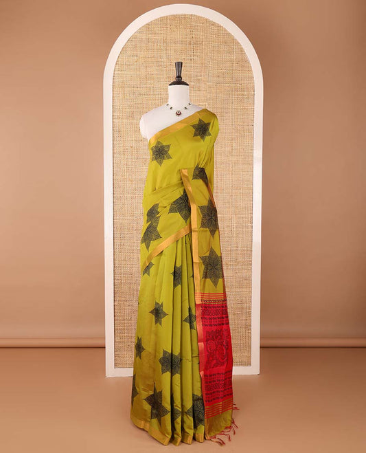 Mehendi green six-petal-like leaf motifs printed micro-silk saree, copper zari border, contrast intricate pallu & plain blouse