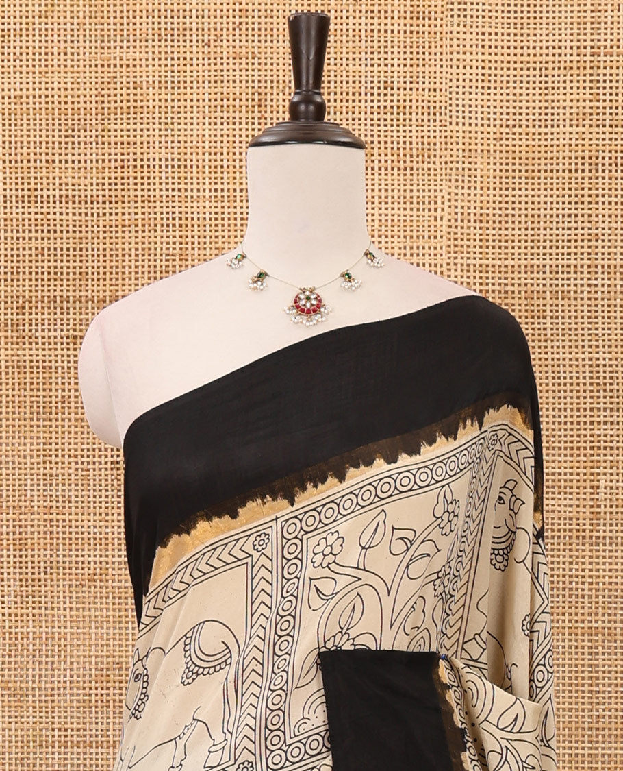 Chikku kalamkari floral & pichwai cow enclosed checked Mangalagiri Silk saree,contrast border, kalamkari-peacock pallu & plain blouse