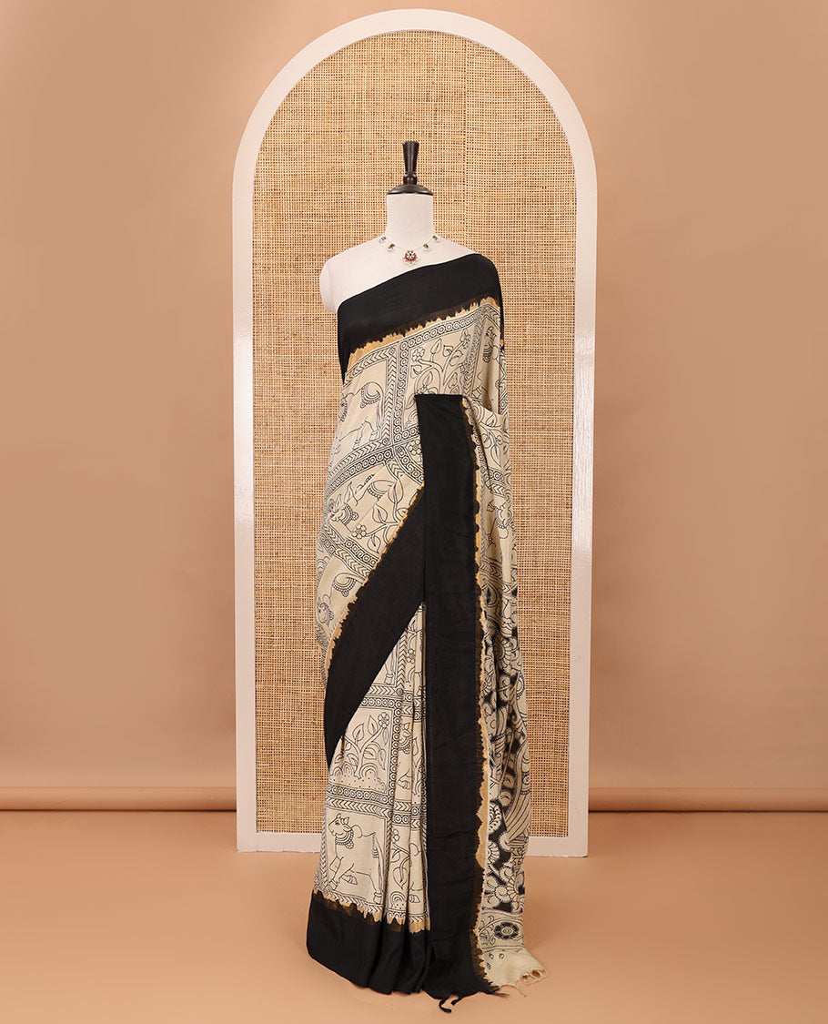 Chikku kalamkari floral & pichwai cow enclosed checked Mangalagiri Silk saree,contrast border, kalamkari-peacock pallu & plain blouse