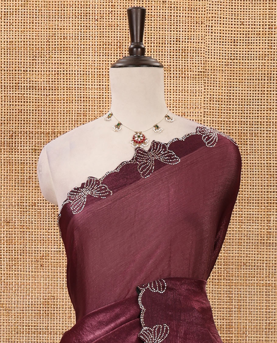 Dark purple full-plain Fendi chiffon saree, scallop butterfly-style Swarovski stone work border & stone work matching blouse