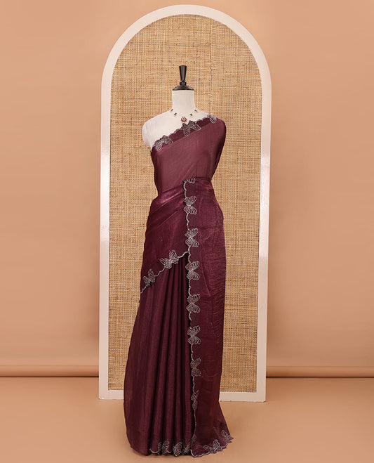 Dark purple full-plain Fendi chiffon saree, scallop butterfly-style Swarovski stone work border & stone work matching blouse