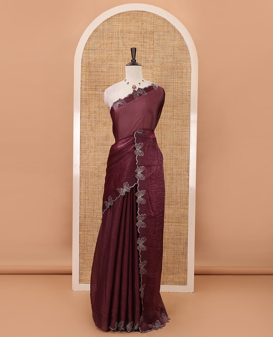 Dark purple full-plain Fendi chiffon saree, scallop butterfly-style Swarovski stone work border & stone work matching blouse