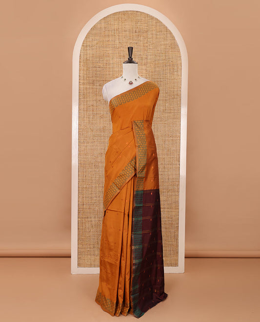 Mustard thread buttas semi-soft saree, contrast flower motifs border, contrast striped pallu & contrast buttas blouse