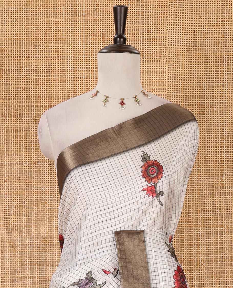 Half-white micro-checked kalamkari floral peacock printed tissue organza saree, contrast zari border, kalamkari printed pallu & contrast printed blouse