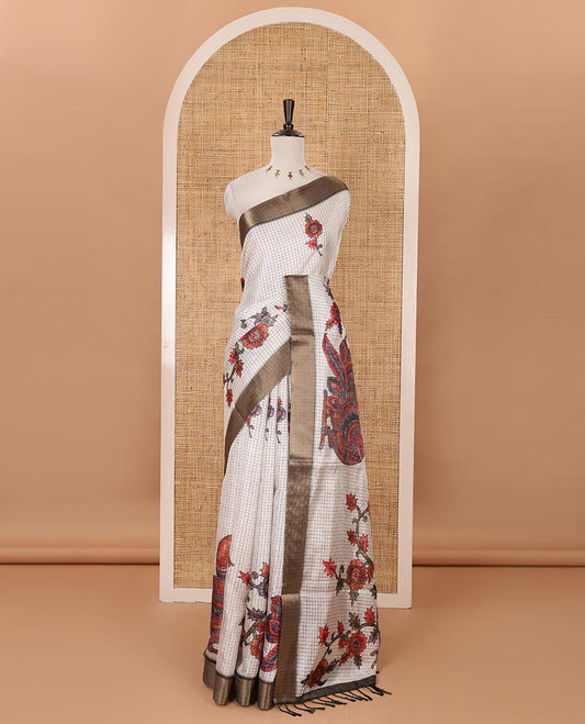 Half-white micro-checked kalamkari floral peacock printed tissue organza saree, contrast zari border, kalamkari printed pallu & contrast printed blouse