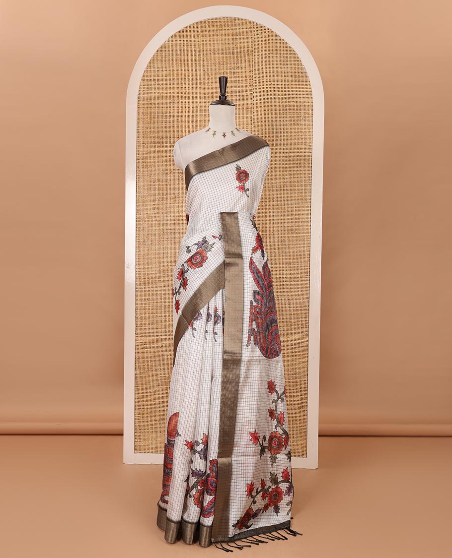 Half-white micro-checked kalamkari floral peacock printed tissue organza saree, contrast zari border, kalamkari printed pallu & contrast printed blouse