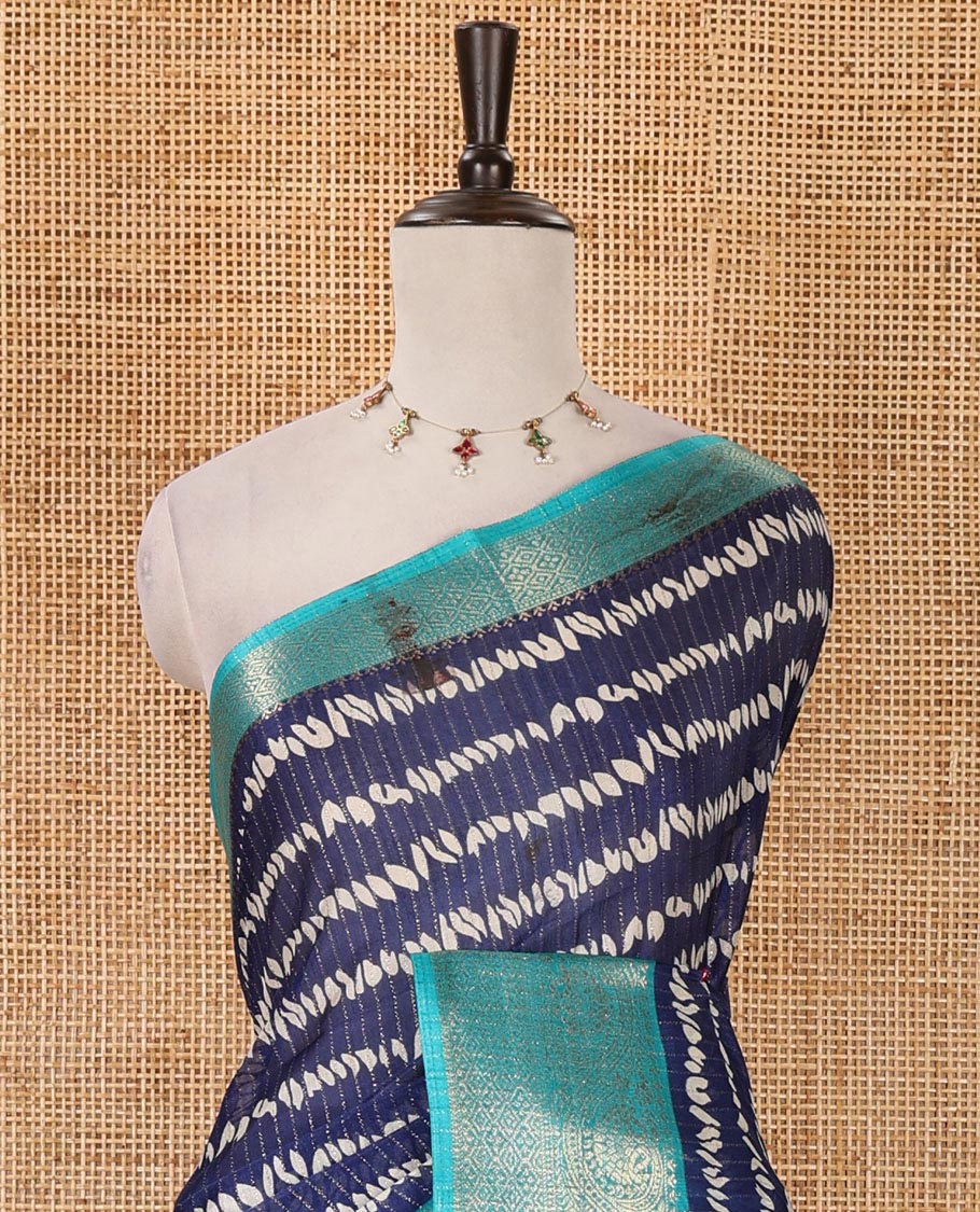 Royal blue zari striped & uniquely printed soft tusser saree,contrast traditional zari border,kalamkari floral print pallu & zari design blouse