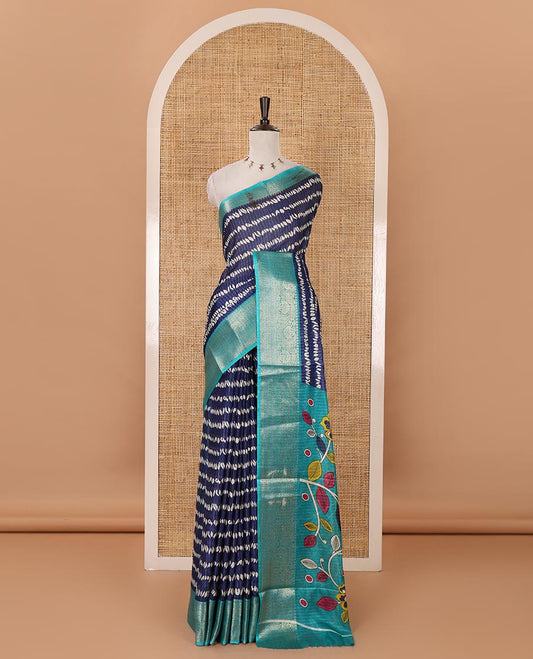 Royal blue zari striped & uniquely printed soft tusser saree,contrast traditional zari border,kalamkari floral print pallu & zari design blouse