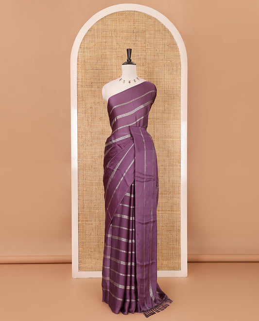 Borderless lavender horizontal-style stripes foli printed Fendy chiffon saree
