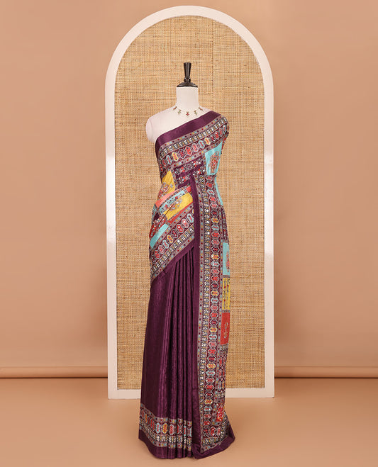 Purple geometric patterns multi-hue printed & mirror embroidered half-&-half masakali saree, printed border & pallu of  embroidery work & plain blouse