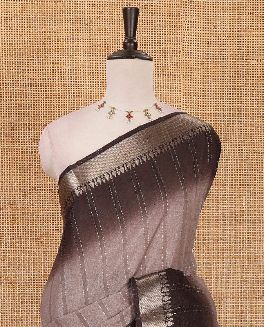 Grey ombre vertical striped Manipuri tussar saree, contrast traditional zari border, striped pallu & running blouse