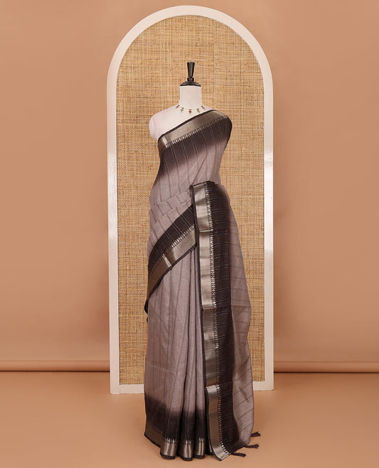 Grey ombre vertical striped Manipuri tussar saree, contrast traditional zari border, striped pallu & running blouse
