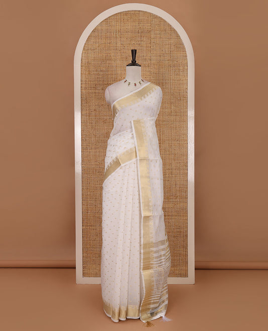 Cream zari buttas Mercerised cotton saree, traditional zari temple border, zari striped pallu & small gold butta blouse