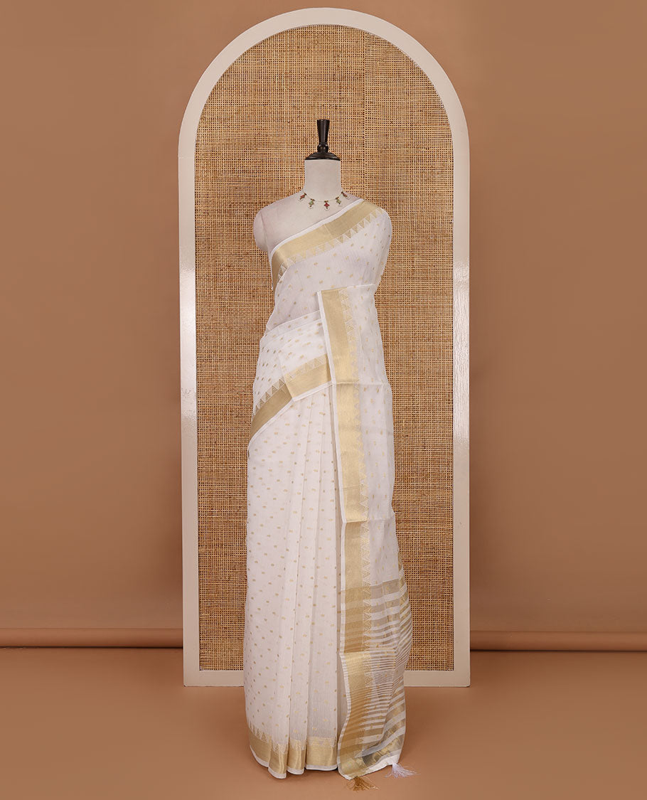 Cream zari buttas Mercerised cotton saree, traditional zari temple border, zari striped pallu & small gold butta blouse