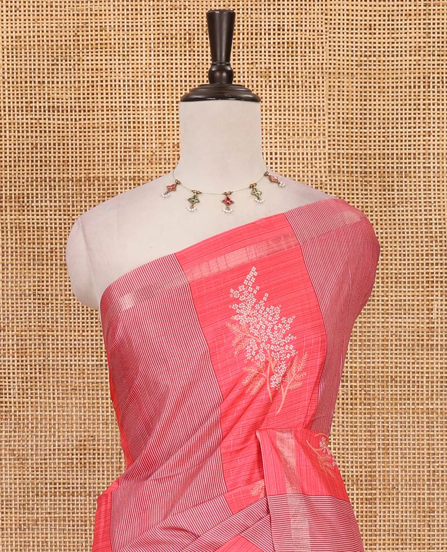 Tomato pink vertical striped & floral motifs Katan silk saree, zari piping border & pallu of yaali & jaal motifs