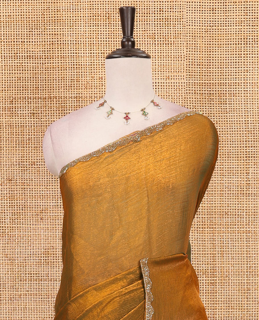 Mehendi green full-plain fendy chiffon saree, hand kardana embroidered border & contrast red plain blouse with kardana embroidered border