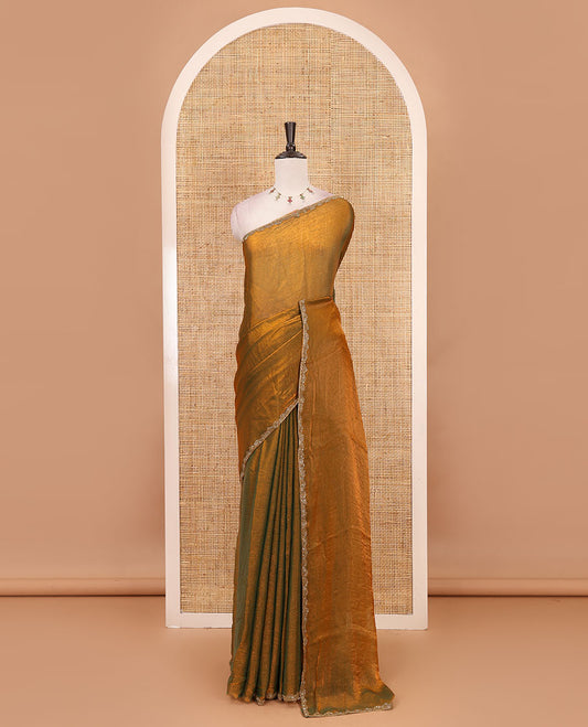 Mehendi green full-plain fendy chiffon saree, hand kardana embroidered border & contrast red plain blouse with kardana embroidered border