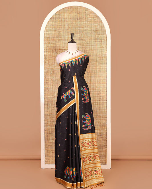 Black buttas & kaleidoscope color elephant motifs printed katan silk saree, contrast multi-hue temple motif border, ikkat geometric print pallu & contrast printed blouse