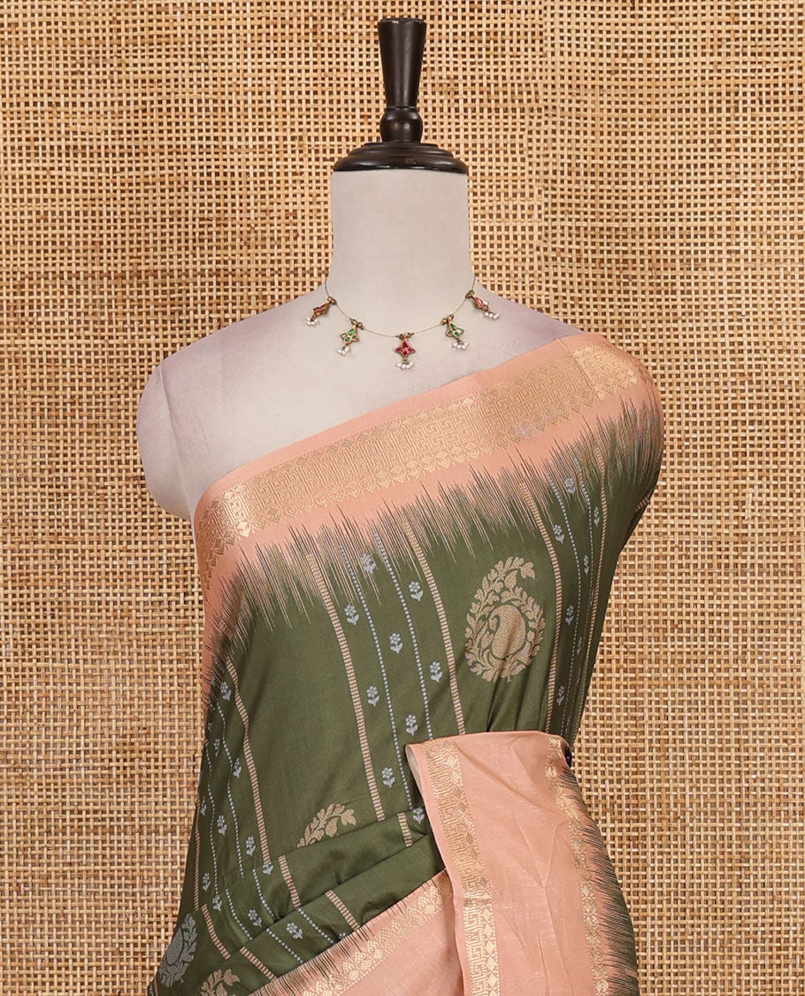 Olive green floral, manga and striped katan silk saree, contrast rettai pettu temple border of diamond and Greek key design, jaal pallu, and contrast printed blouse